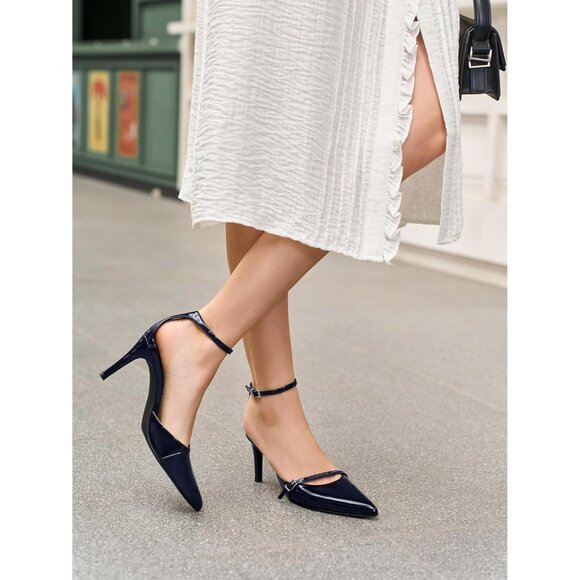 Coutgo Women's Navy Closed Pointed Toe Ankle Buckle Strap Pumps High Heels - Picture 2 of 5